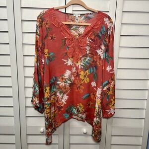 Spense Floral Split Flare Sleeve V-Neck Asymmetrical Top Women's Size XL